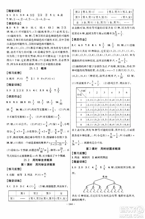 长江出版社2019年课时掌控数学九年级上册RJ人教版参考答案