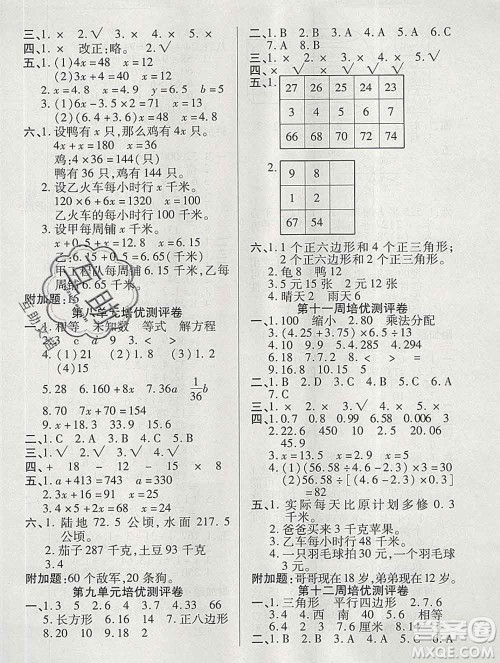 武汉大学出版社2019秋新版培优名卷全能卷五年级数学冀教版B版答案