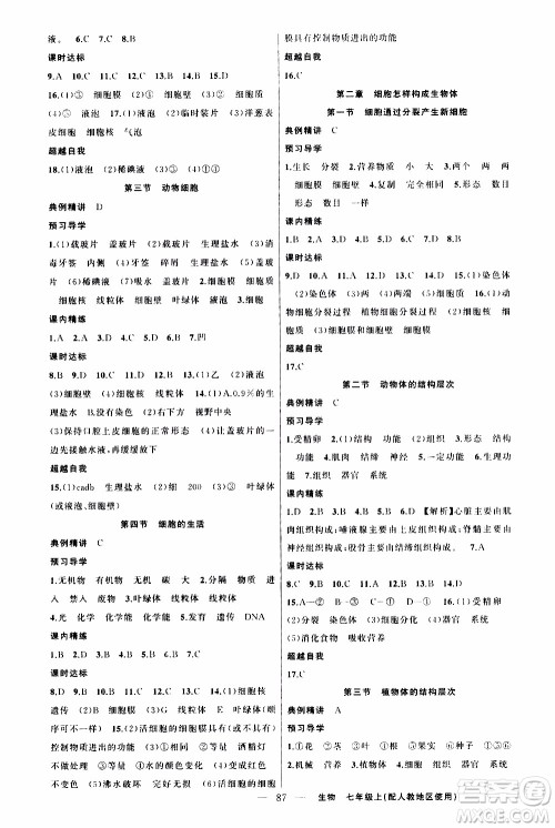 2019年黄冈金牌之路练闯考数学七年级上册人教版参考答案