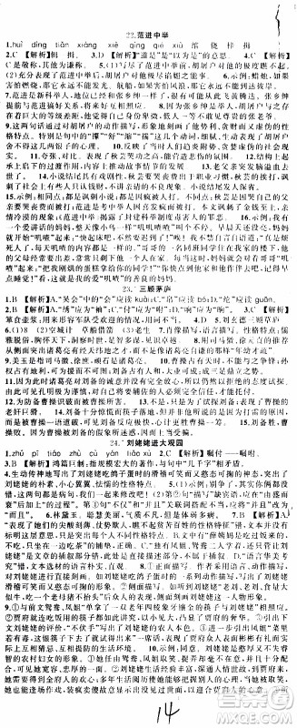 2019年黄冈金牌之路练闯考语文九年级上册人教版参考答案