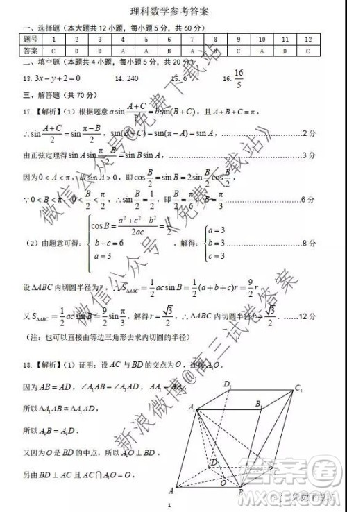 湖北省武汉市2019-2020学年第一学期高三综合测试二理科数学试题及答案