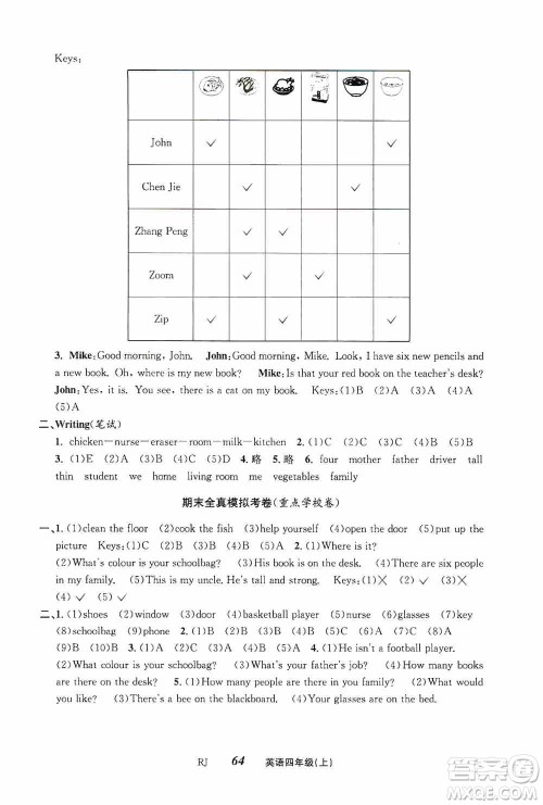 云南科技出版社2019创新成功学习同步导学英语四年级上册人教版答案