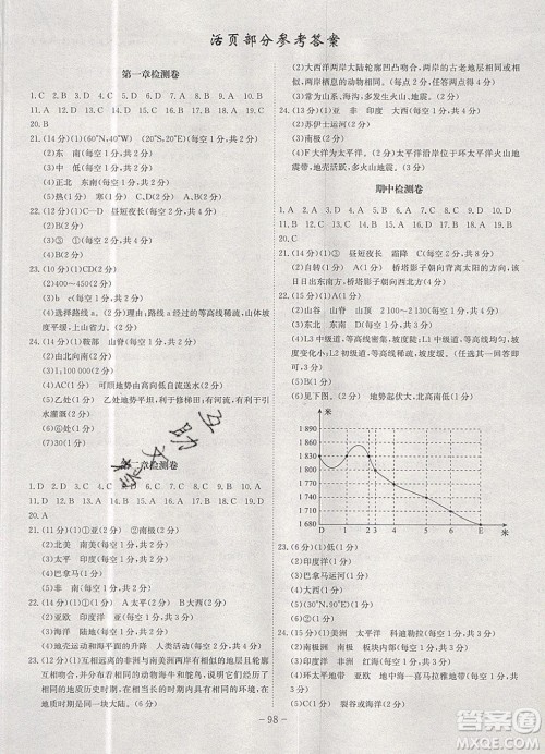 2019年名师同步课堂课时A计划地理七年级上册RJ人教版参考答案