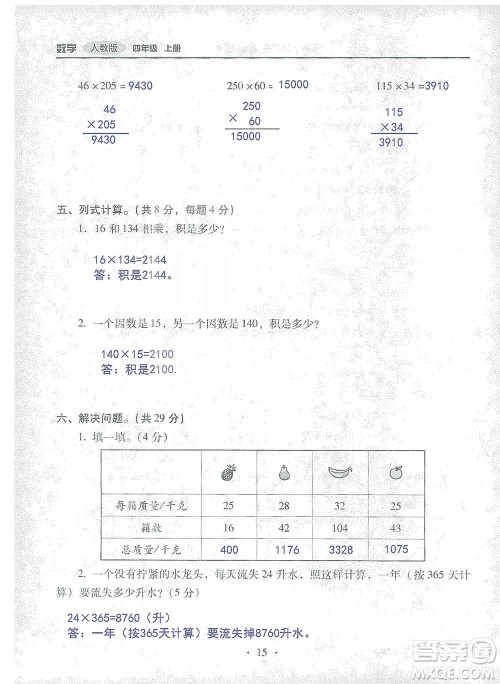 2019云南重点小学核心试卷四年级上册数学人教版答案
