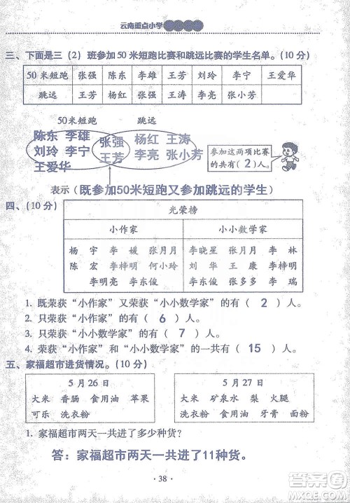 2019云南重点小学核心试卷三年级上册数学人教版答案