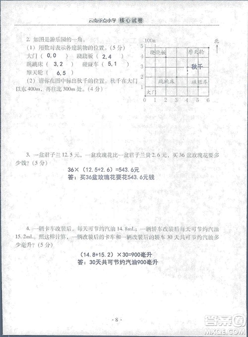 2019云南重点小学核心试卷五年级上册数学人教版答案 2019云南重点小学核心试卷五年级上册数学人教版答案