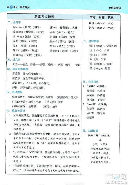 2019典中点名师划重点三年级语文上册人教版答案