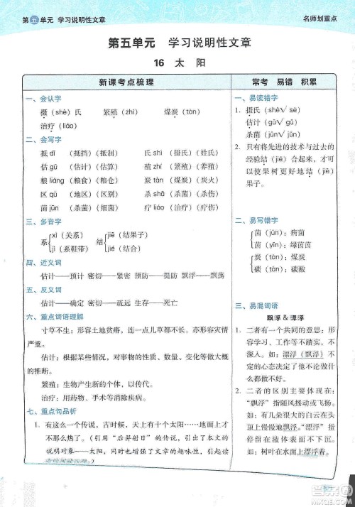 2019典中点名师划重点五年级语文上册人教版答案
