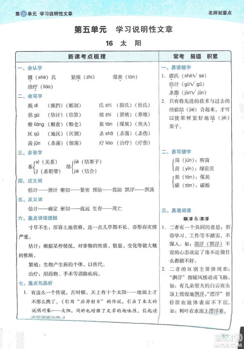 2019典中点名师划重点五年级语文上册人教版答案