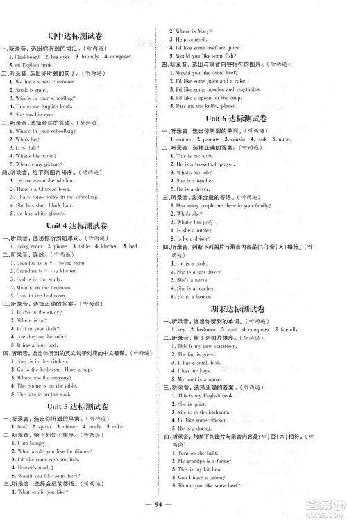 江西教育出版社2019名师测控四年级英语上册人教版答案