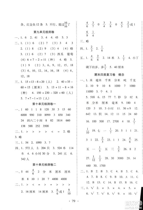 云南教育出版社2019金牌试卷秋一线名师提优试卷三年级数学上册答案