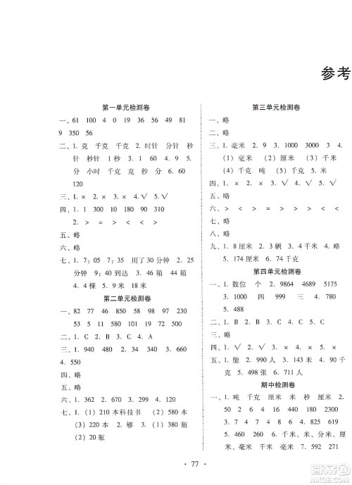 云南教育出版社2019金牌试卷秋一线名师提优试卷三年级数学上册答案