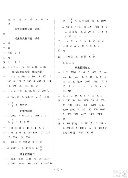 云南教育出版社2019金牌试卷秋一线名师提优试卷三年级数学上册答案