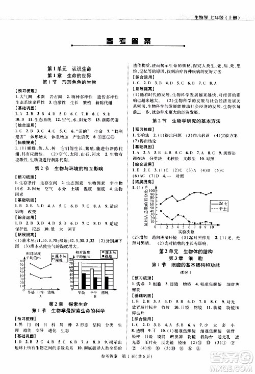 2019年新课程同步学案生物学七年级上册北师大版参考答案