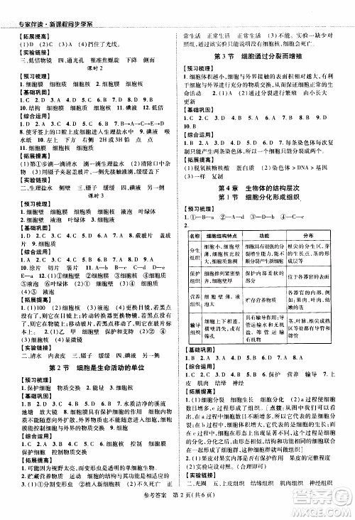 2019年新课程同步学案生物学七年级上册北师大版参考答案