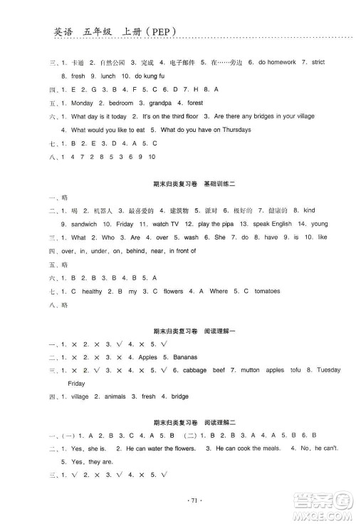 云南教育出版社2019金牌试卷秋一线名师提优试卷五年级英语上册PEP版答案