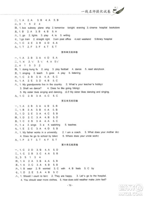 云南教育出版社2019金牌试卷秋一线名师提优试卷六年级英语上册PEP版答案