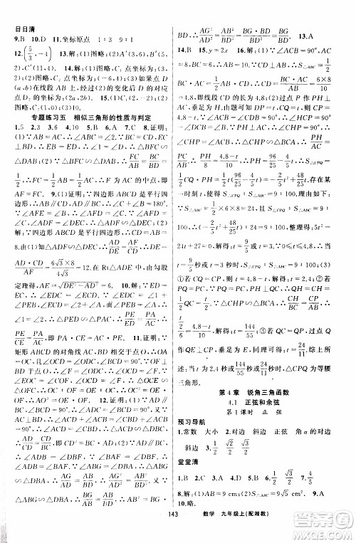 2019年我的书会讲课四清导航数学九年级上湘教版参考答案