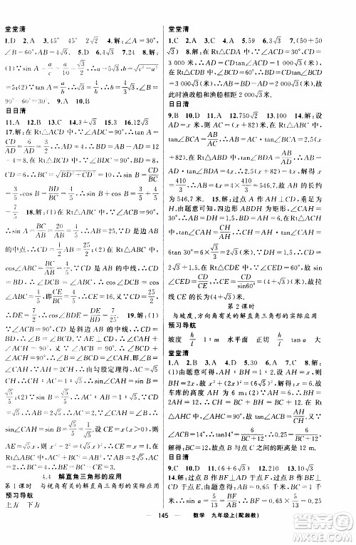 2019年我的书会讲课四清导航数学九年级上湘教版参考答案