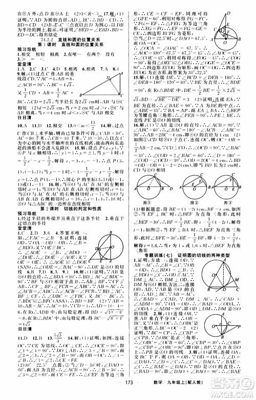 2019年我的书会讲课四清导航数学九年级上RJ人教版参考答案