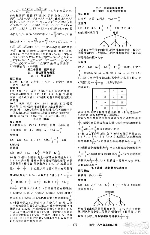 2019年我的书会讲课四清导航数学九年级上RJ人教版参考答案