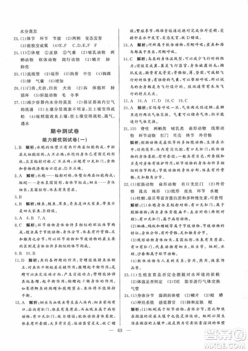 山东文艺出版社2019初中单元提优测试卷八年级生物学上册鲁科版答案