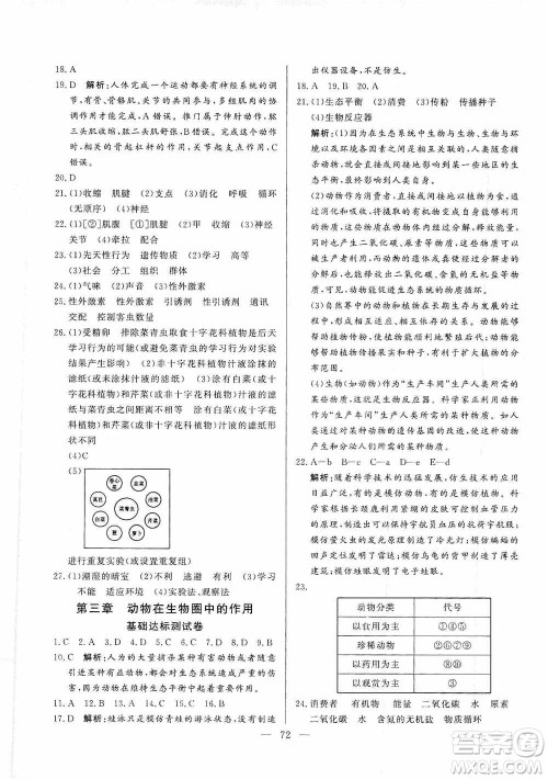 山东文艺出版社2019初中单元提优测试卷八年级生物学上册鲁科版答案