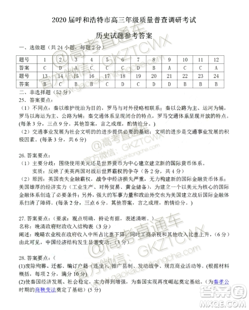 2020届呼和浩特高三12月质量普查调研考试历史答案 2020届呼和浩特高三12月质量普查调研考试历史答案