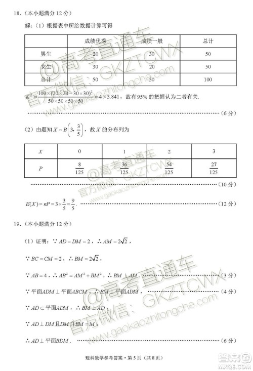 2020届云天化中学下关一中12月联考理数试题答案