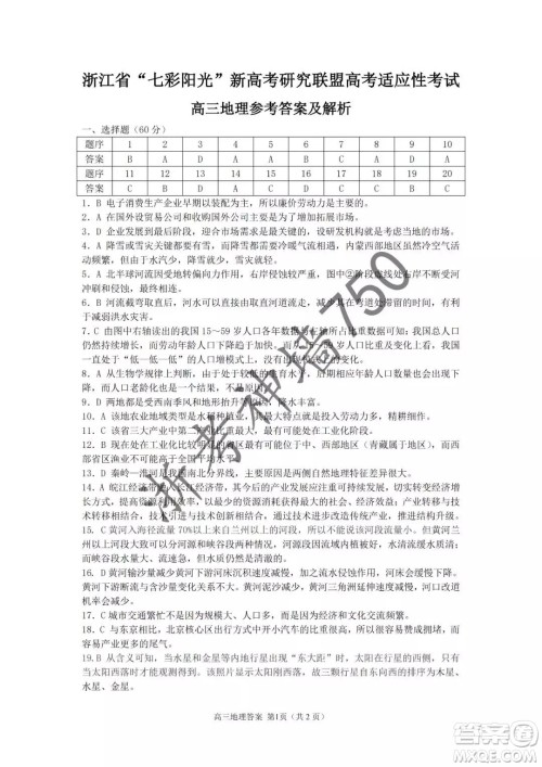 2019年浙江省七彩阳光新高考研究联盟高考适应性考试高三历史试题及参考答案 2019年浙江省七彩阳光新高考研究联盟高考适应性考试高三历史试题及参考答案