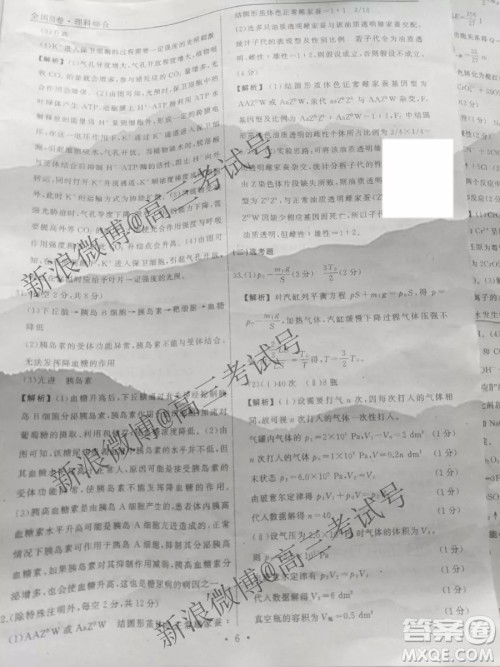 衡中同卷2019-2020学年度高三分科综合测试卷理科综合一试题及答案 衡中同卷2019-2020学年度高三分科综合测试卷理科综合一试题及答案