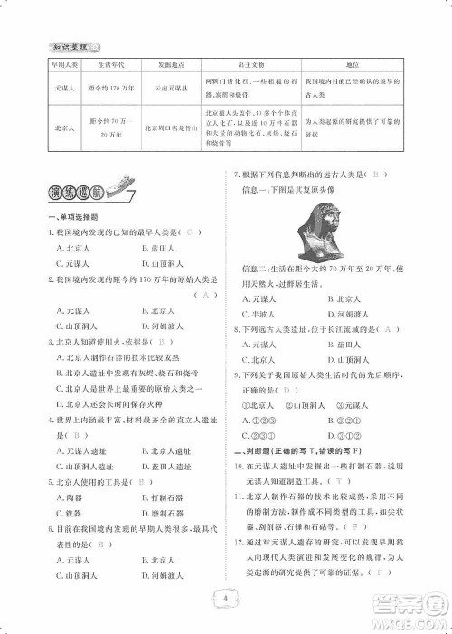 芝麻开花2019领航新课标练习册七年级历史上册人教版答案