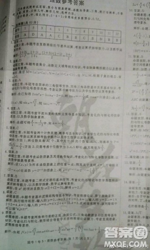 国考1号高中2020届毕业班基础知识滚动测试5理科数学答案 国考1号高中2020届毕业班基础知识滚动测试5理科数学答案