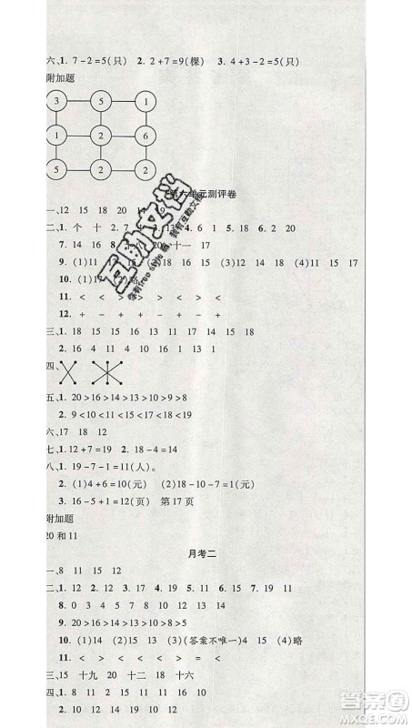 西安出版社2019年三甲文化创新考王一年级数学上册人教版答案