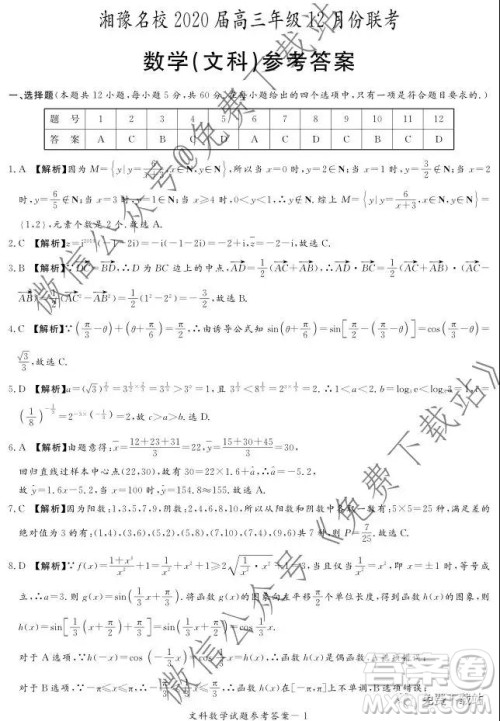 湘豫名校2020届高三年级12月联考文科数学答案