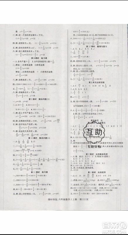 先锋系列图书2019年课时夺冠六年级上册数学人教版参考答案