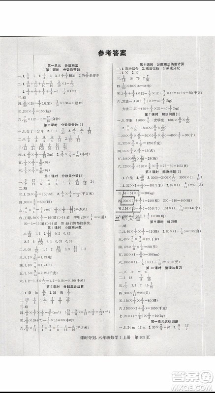 先锋系列图书2019年课时夺冠六年级上册数学人教版参考答案