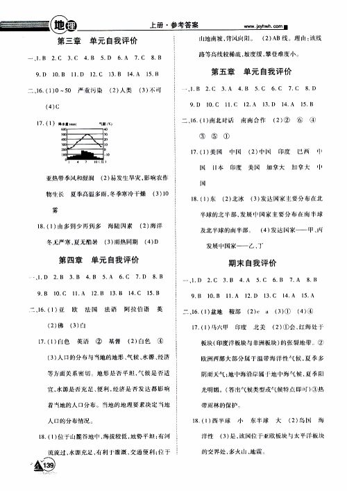 宇恒文化2019年学海风暴初中同步系列地理七年级上册RJ人教版参考答案