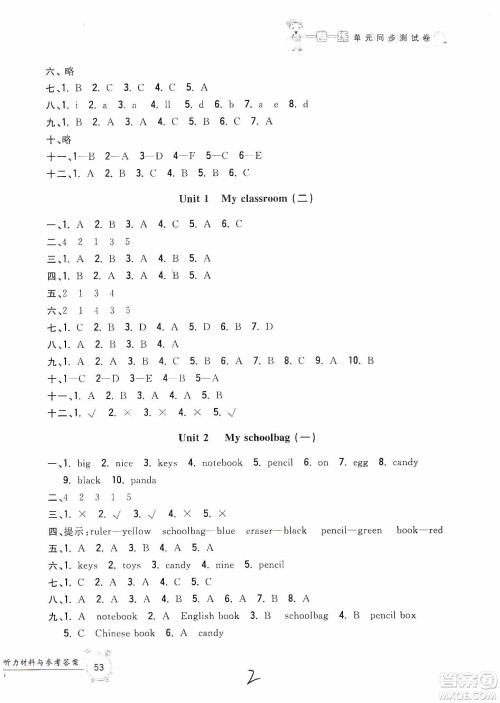 浙江工商大学出版社2019一卷一练单元同步测试卷四年级英语上册人教PEP版答案