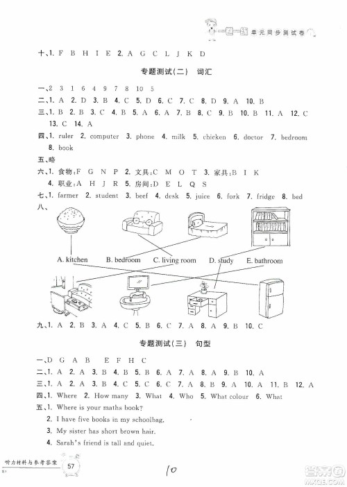 浙江工商大学出版社2019一卷一练单元同步测试卷四年级英语上册人教PEP版答案