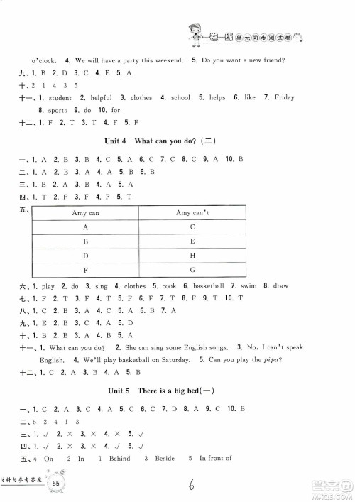 浙江工商大学出版社2019一卷一练单元同步测试卷五年级英语上册人教PEP版答案