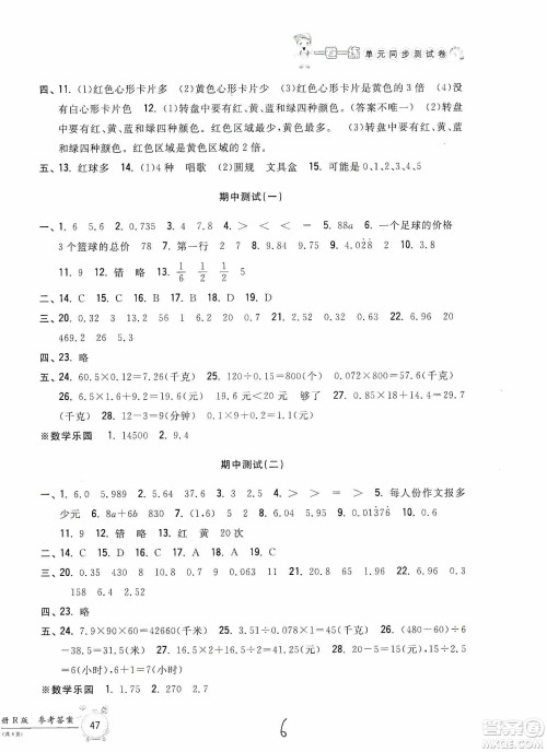 浙江工商大学出版社2019一卷一练单元同步测试卷五年级数学上册人教版答案