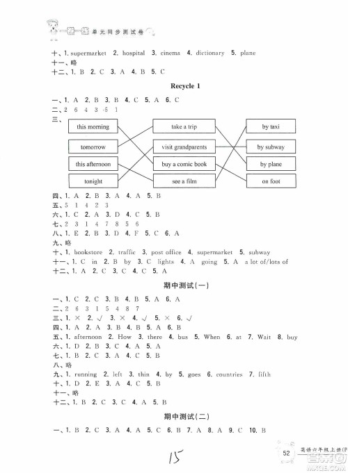 浙江工商大学出版社2019一卷一练单元同步测试卷六年级英语上册人教PEP版答案