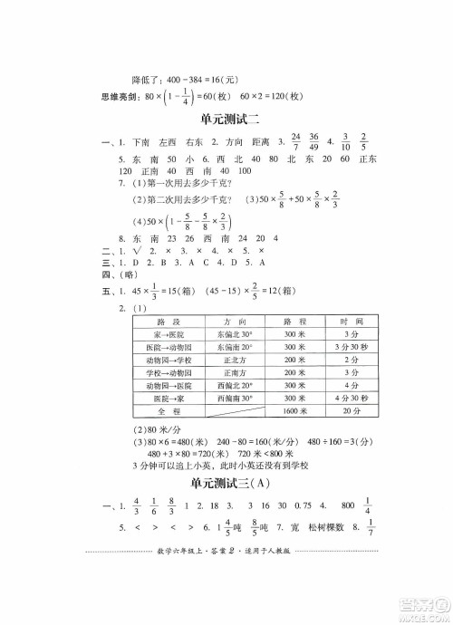 四川教育出版社2019课程标准小学单元测试六年级数学上册人教版答案