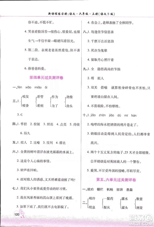 河南大学出版社2019新课程练习册六年级语文上册语文S版答案 河南大学出版社2019新课程练习册六年级语文上册语文S版答案
