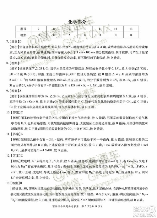 2020届湖北高三八校第一次联考理科综合化学试题答案 2020届湖北高三八校第一次联考理科综合化学试题答案