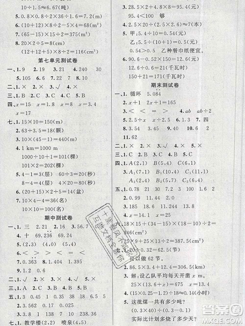 新疆青少年出版社2019秋黄冈金牌之路练闯考五年级数学上册人教版答案 新疆青少年出版社2019秋黄冈金牌之路练闯考五年级数学上册人教版答案