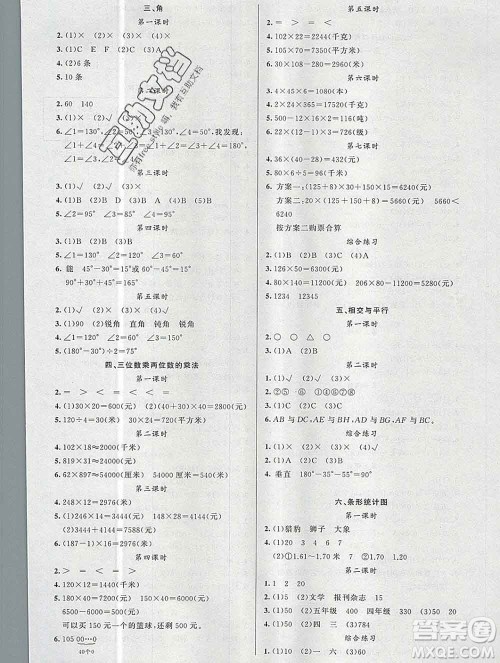 新疆青少年出版社2019秋黄冈金牌之路练闯考四年级数学上册西师版答案