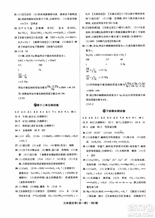 2019年魔力一卷化学九年级全一册RJ版人教版参考答案