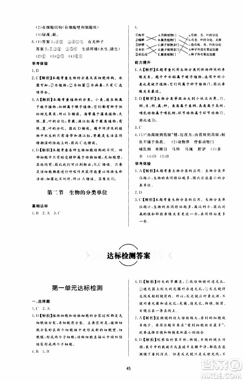 济南出版社2019年新课程学习与检测生物学七年级上册参考答案